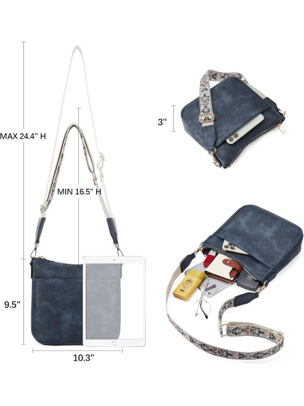 Women's Blue Vegan Leather Crossbody Bags Trendy Wide Shoulder Strap Hobo Bags - Picture 3 of 6